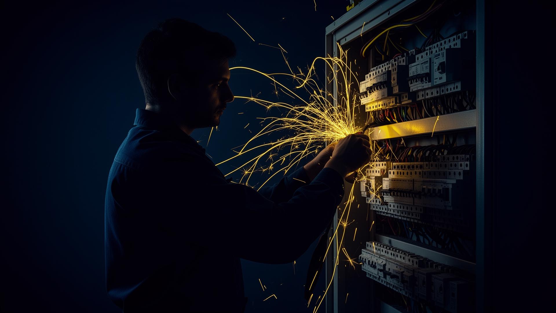 Licensed electrician working on a panel with sparks